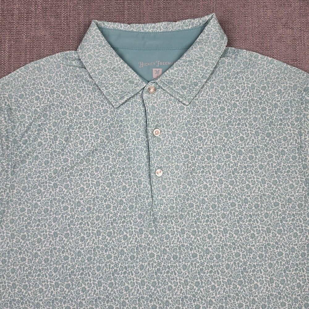 Hickey Freeman Mens Golf Polo Shirt Large Green Floral Print Stretch Performance